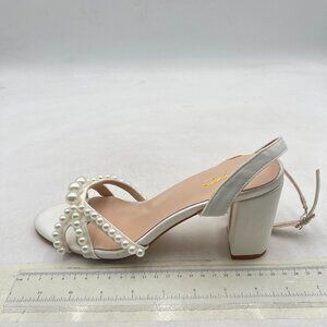 XYD White Pearl Ankle Strap Chunky Heel Open Toe Sandals Dress Prom Wedding Shoe